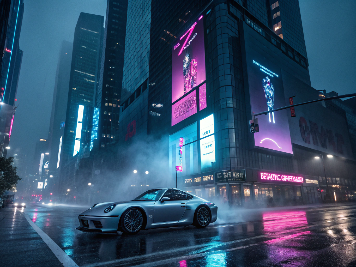 Motion blur shot of a car driving through a neon-lit city