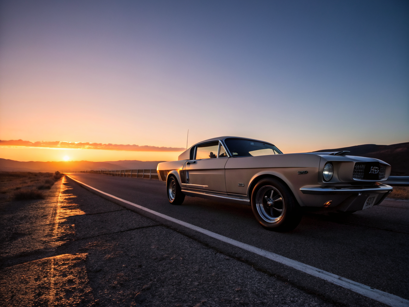 Classic Mustang side profile at dusk